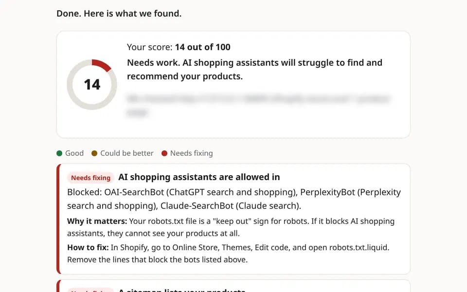 AI Shopping Check result: a score out of 100 and a checklist of fixes.