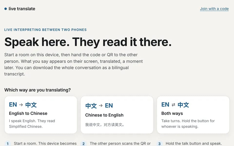 The live-translate start page with its three translation directions.