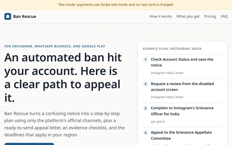 Ban Rescue landing page with an example appeal plan