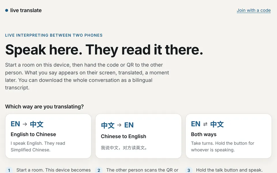 live-translate start page with three translation directions