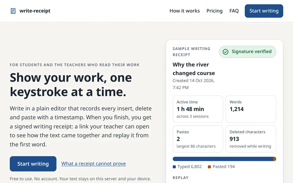 write-receipt landing page with a sample signed writing receipt